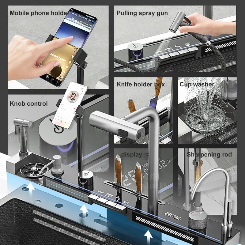 Imagem -05 - Smart Single-slot Cachoeira Kitchen Sink com Suporte do Telefone Torneira Integrada Honeycomb Embosse Aço Inoxidável