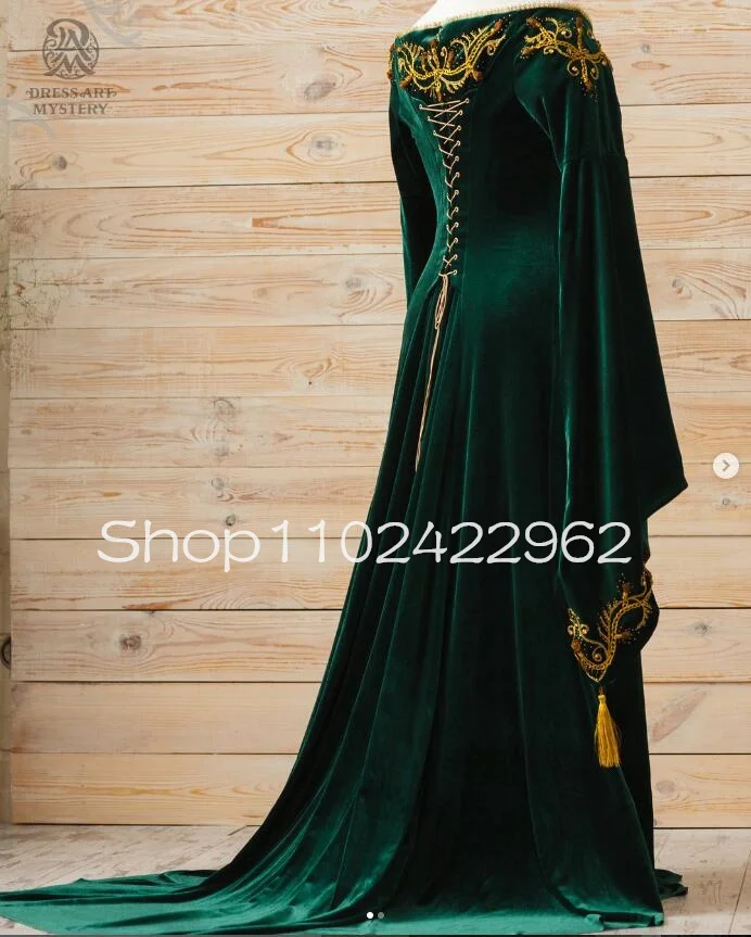 Emerald Green Velvet Medieval Evening Occasion Dresses with Fairy Long Sleeve Beaded Embroidery Fantasy  Crimson Prom Gown