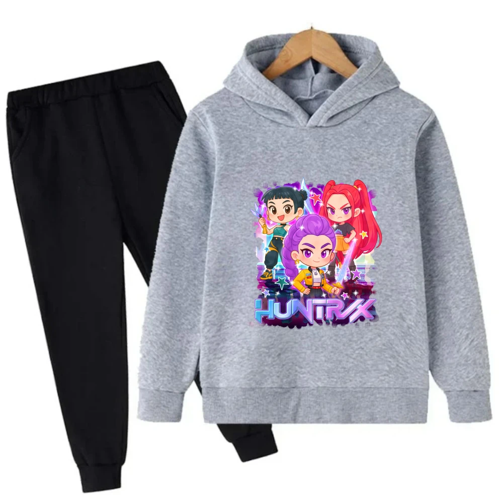 

Популярный комплект из мультфильма KPop Devil Hunter для девочек, толстовка с капюшоном и спортивные штаны, теплая стильная повседневная детская одежда