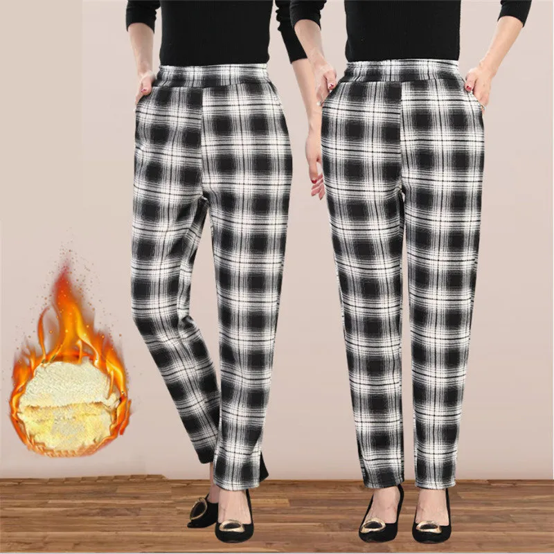 Winter Plush Warm Middle Aged Women Elastic High Waist Casual Trousers Female Fashion Plaid Letter Printed Pencil Pants Clothing