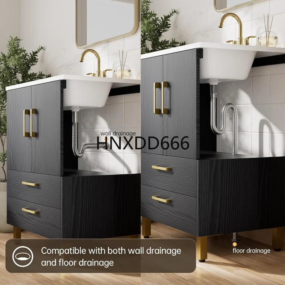 حمام 24 بوصة، بابين إغلاقين ناعمين ودرجين، مع مجموعة حوض مفردة بثلاث فتحات، صنبور غير متضمن، خزائن حمام