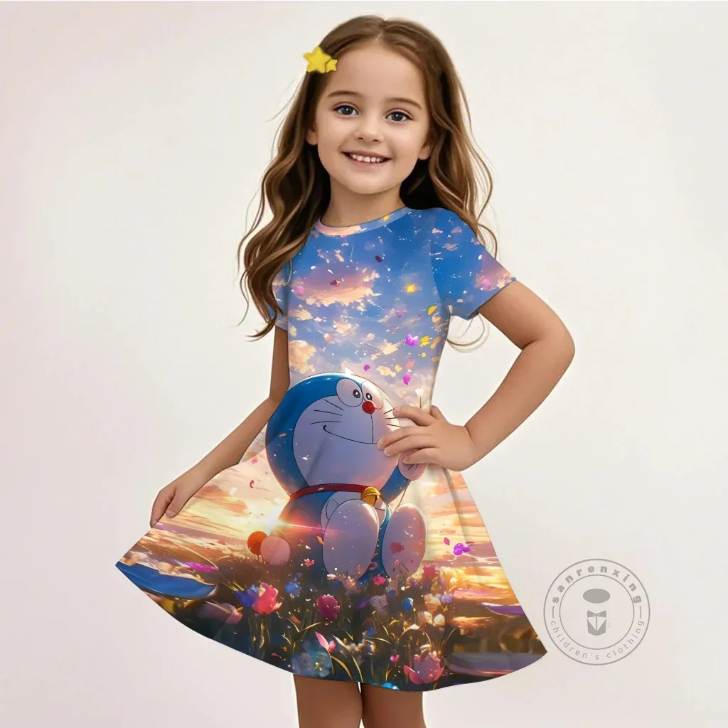 

3D Printed Cool Doraemon Cartoon Dress Short Sleeve Round Neck Fall Kawaii Cute Fitted Dress Kids 3-14 Years Street