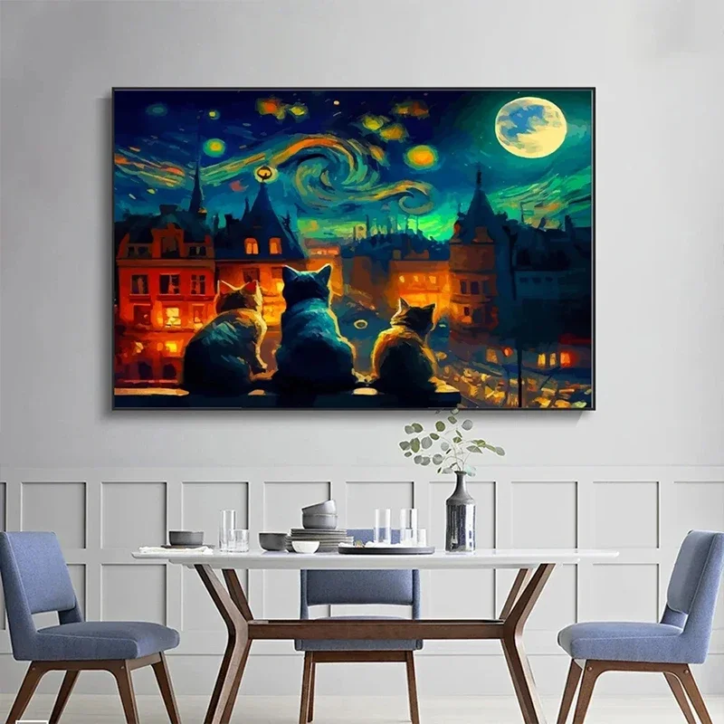 Starry Night Black Cat Funny Art Posters and Prints Modern Animals Abstract Oil Painting Print on Canvas Picture Kids Room Decor