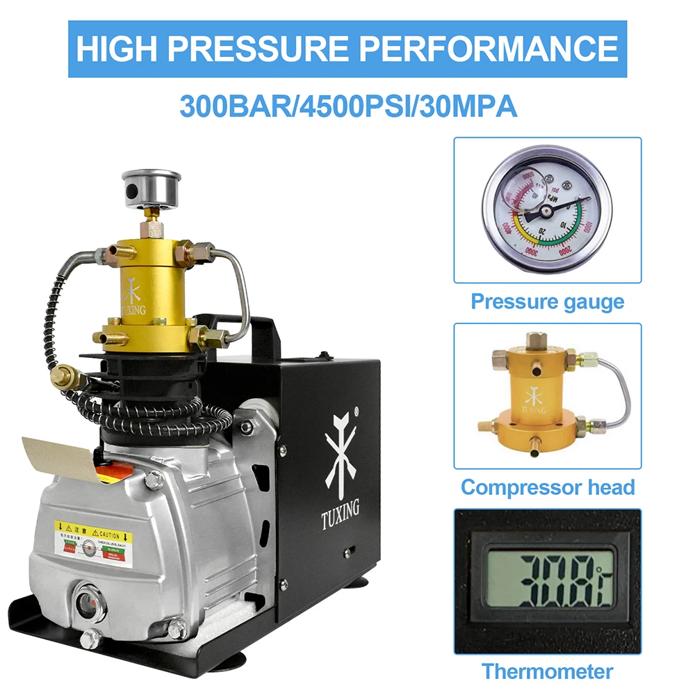 TUXING 4500Psi 300Bar High Pressure PCP Air Compressor Portable Electric Compressor for Rifle Scuba Diving Filling 0-3L Tank