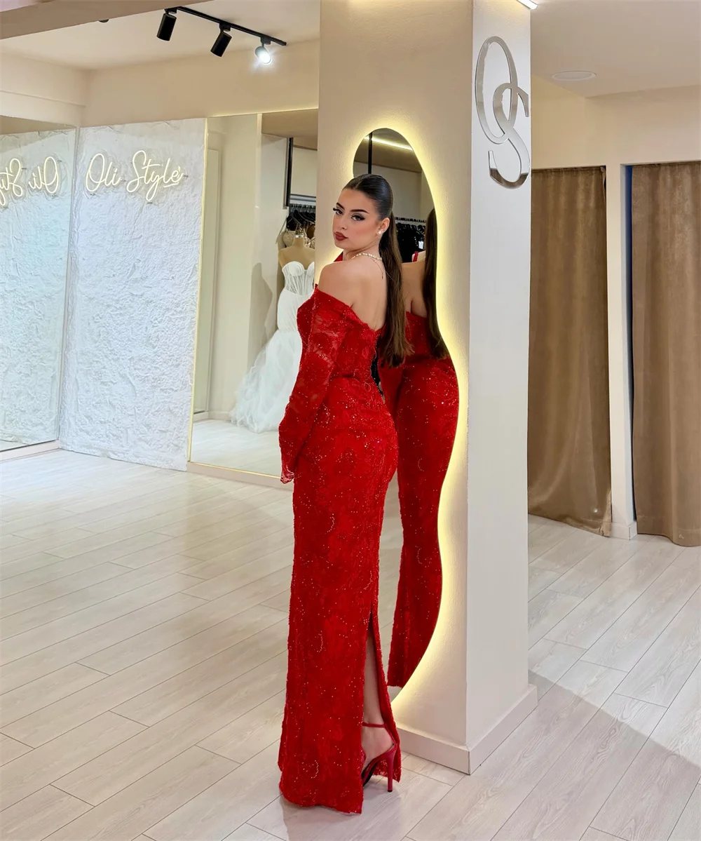 Cathy Aangepaste Rode Prachtige Kant Zeemeermin Prom Dress Uit De Schouder Lange Mouwen vestidos de noiva Vloerlengte Formele 2025