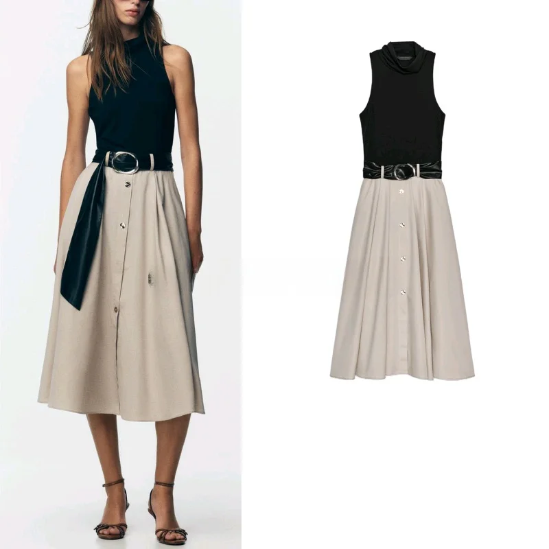 

New Autumn Women's Commute OL Stand Collar Svel Color Blo Waist Belt Dr Casual Sle Midi Skirt Polyester Fiber