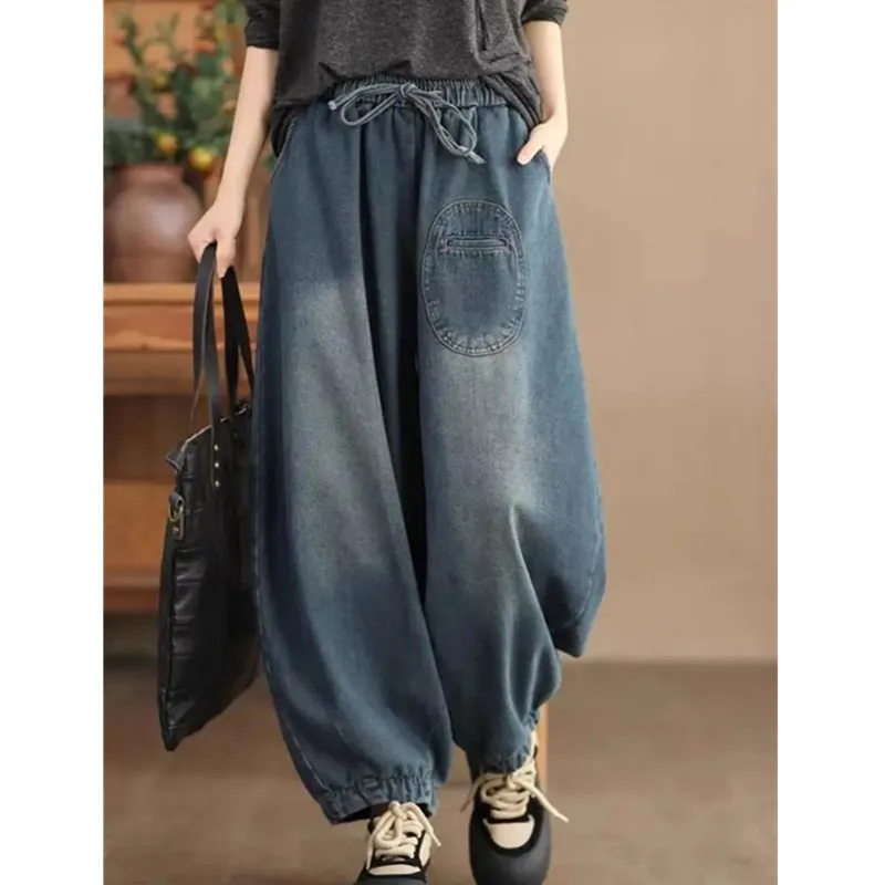 Übergroße frauen Jeans 2025, Frühling Herbst Neue Pendeln Lose Elastische taille Casual Denim Hosen Weibliche Hohe Taille Breite Bein Hosen