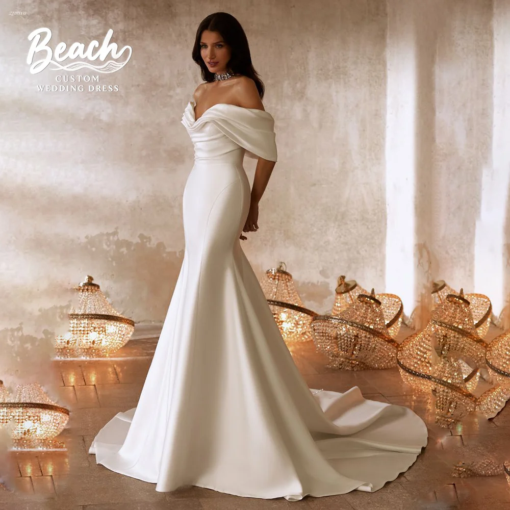 Пляжное свадебное платье-русалка на заказ, элегантное, из матового атласа, без бретелек, с открытыми плечами и спиной, со шлейфом, на пуговицах и молнии, с драпировкой