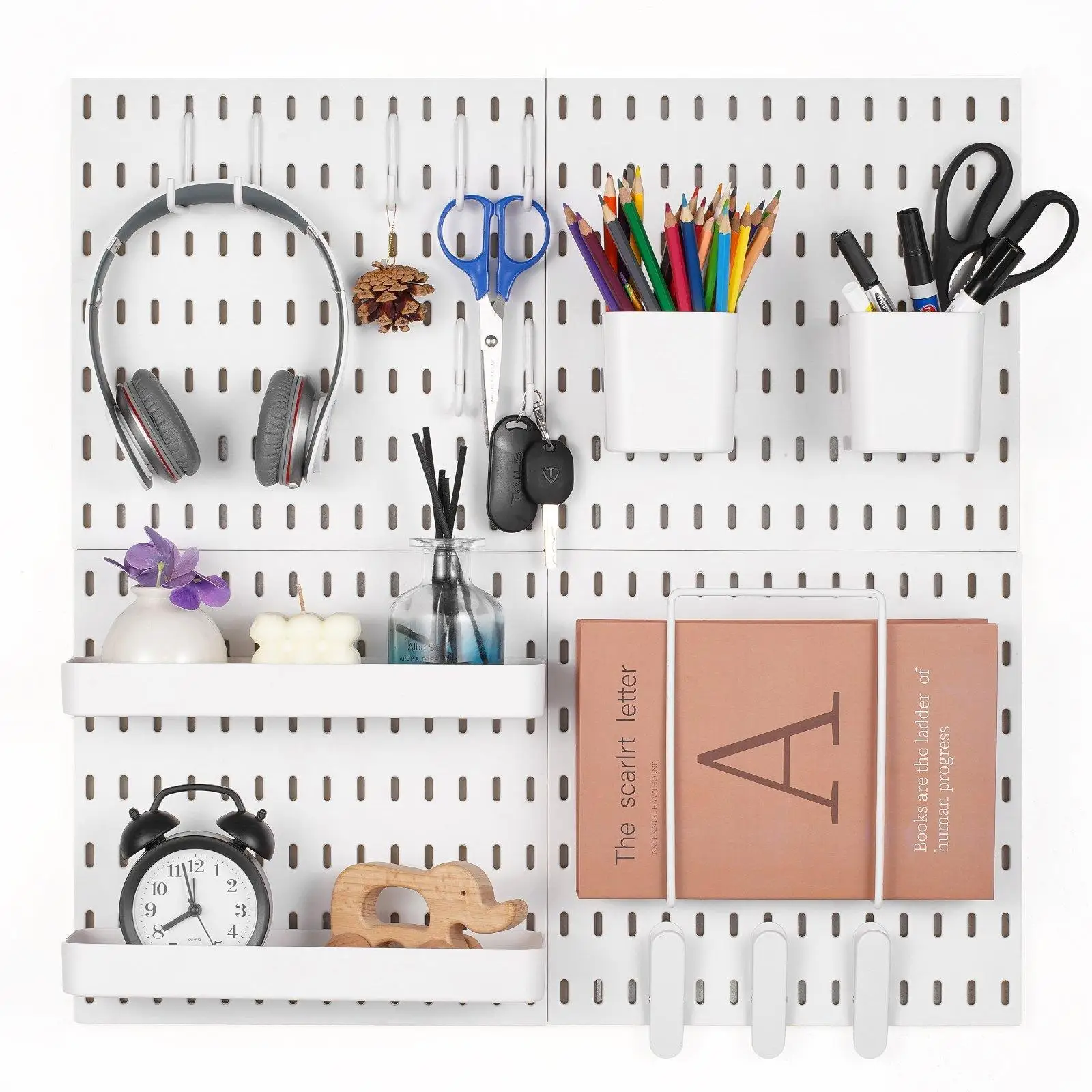 Modular Plastic Pegboard Wall Organizer Combination Kit 11x11 Inch 4 Panels DIY Hole Board Storage Display System for Craft Room Garage Kitchen Tool Organization Home Office Accessories White
