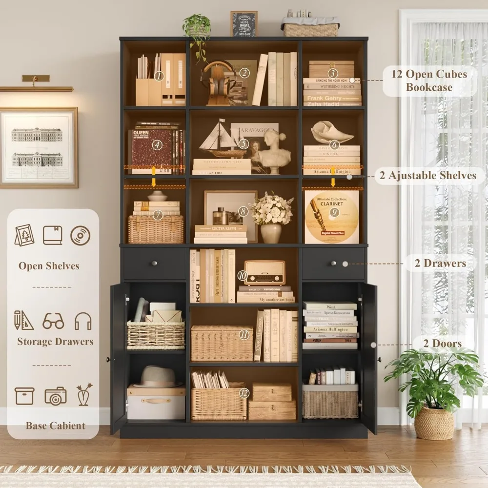 "74 Inch Tall and 45 Inch Wide Modern Bookshelf with Storage and Doors"