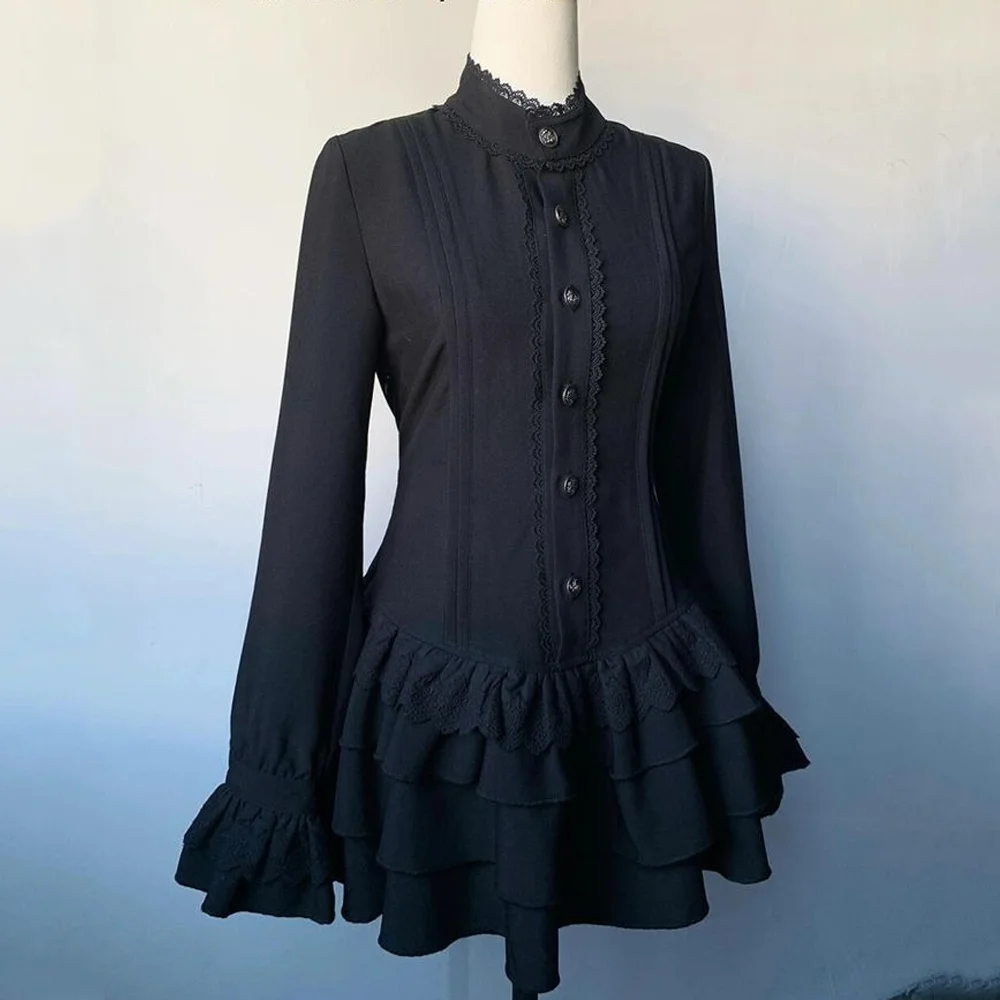 Summer Y2k Rave Dark Academia 2000s Black Dress Goth Party Club Women Dress Harajuku Long Sleeve Gyaru Mini A Line Ruffle Dress
