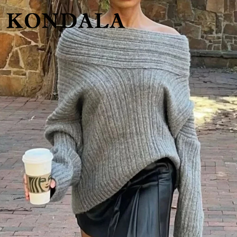 

KONDALA шикарный осенний вязаный однотонный женский свитер с прямым воротником и длинным рукавом с вырезом лодочкой, модный 2025 г., повседневный складной женский трикотаж