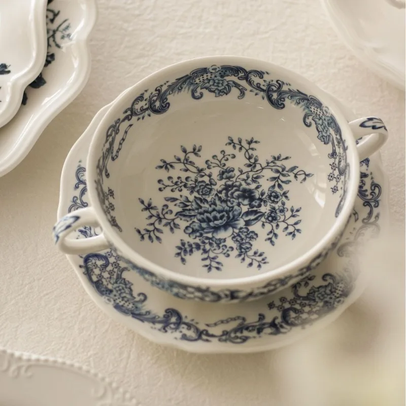 Nordic Blue and White Porcelain Binaural Bowl Ornaments Kitchen Dining Table Tableware Rice Bowl Noodle Plate Dish Dessert Bowl
