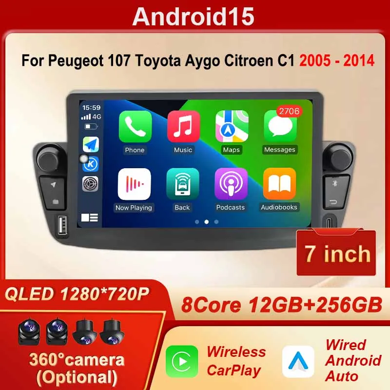 Car Radio For Peugeot 107 Toyota Aygo Citroen C1 2005 - 2014 Wireless CarPlay Android Auto GPS Navigation Autoradio 4G WIFI BT