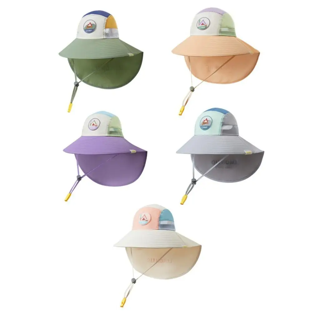 

Polyester Kids Sun Hat Neck Flap Breathable Fabric Wide Brim Hat UV Protection Adjustable Strap Summer Hat Boys Girls