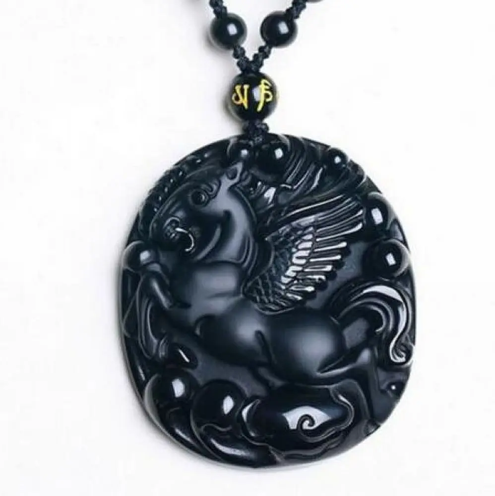 

Natural black obsidian crystal flying horse necklace Amulet pendant with adjustable bead chain for women