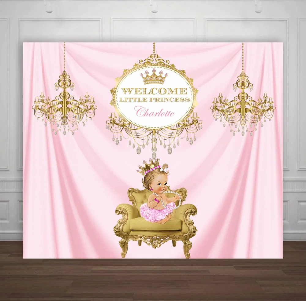 

Custom Pink Gold Chandelier Princess Crown Baby Shower 1st backdrop High quality birthday background