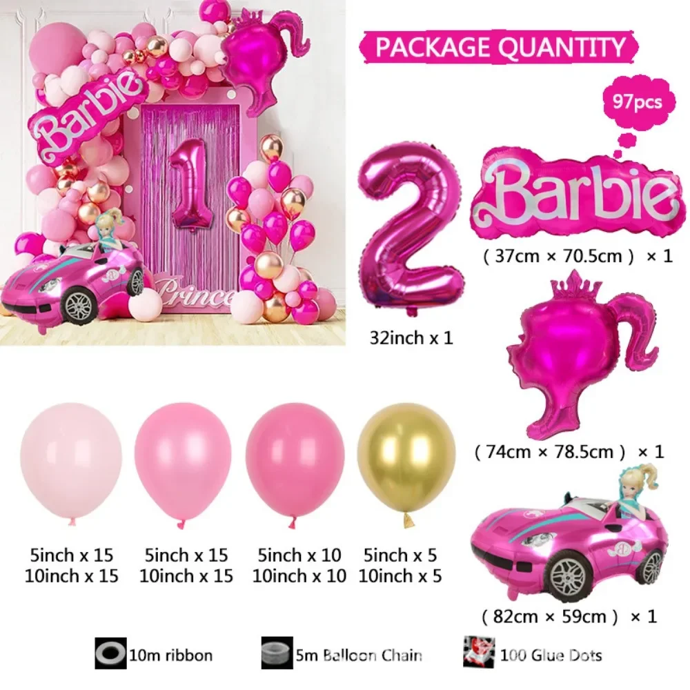 Conjunto de arco rosa de Barbie, 97 piezas, estilo guirnalda, 32 pulgadas, 1-9 bolas de aluminio, globo de látex, decoración de fiesta de cumpleaños para niños y niñas