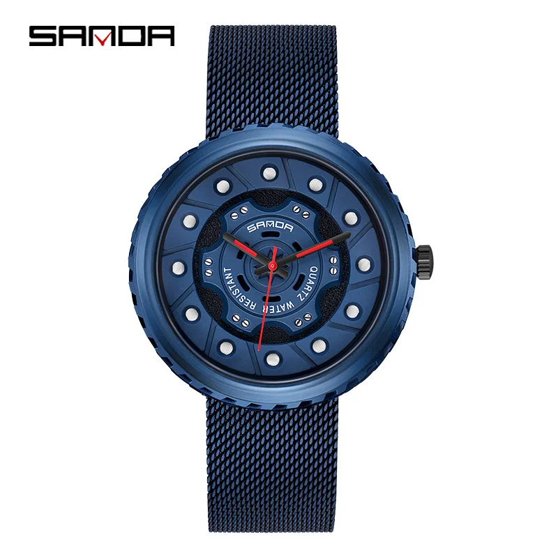 SANDA-reloj de cuarzo redondo para hombre, cronógrafo con pantalla analógica, resistente al agua, con correa de malla, ideal para regalo, 1043