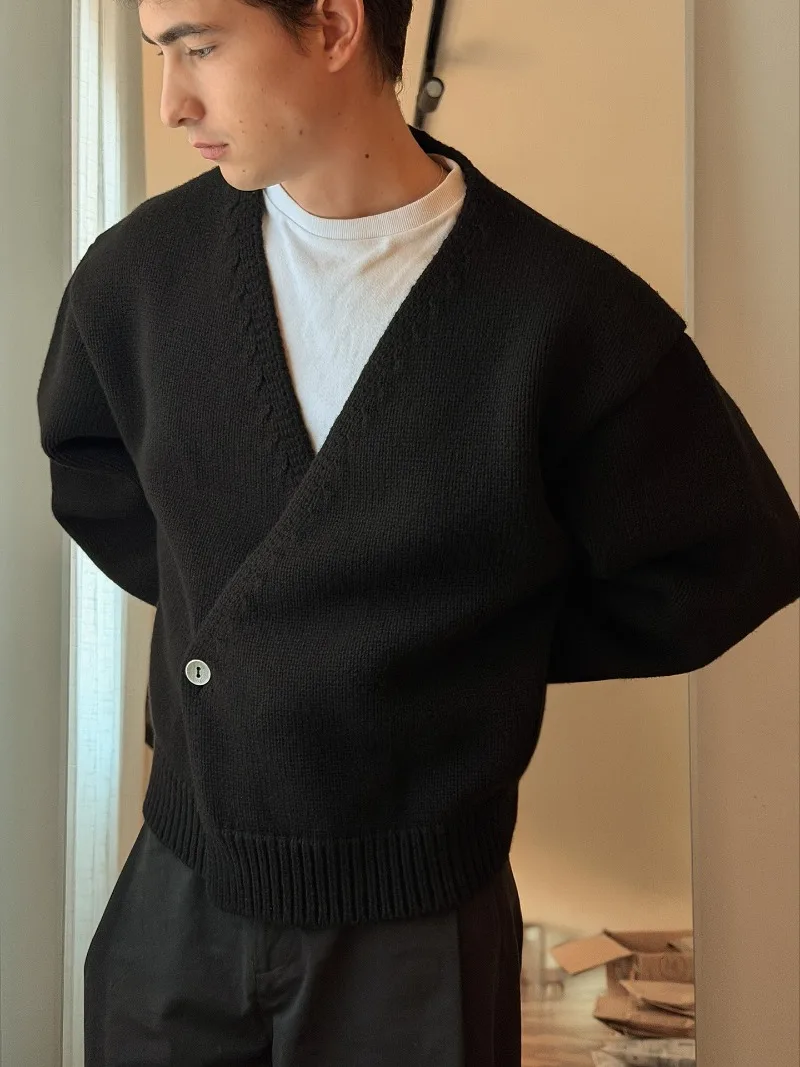 سترة هاي ستريت هاراجوكو للخريف والشتاء باللون الأسود سترة عصرية غير رسمية ملابس الشارع الأمريكية الرجعية فضفاضة محبوكة للرجال #2