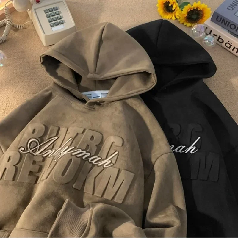 Coffee colored American retro textured print spring and autumn hooded sweatshirt both men and women oversized and cool jacket