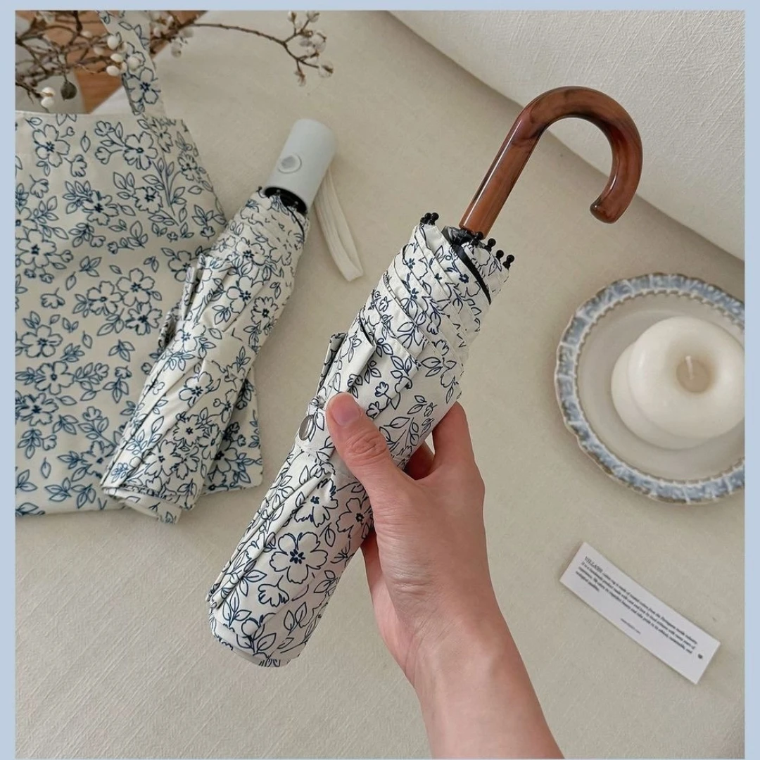 Korean Fresh Floral Foldable Umbrella with Storage Bag, Imitation Wood Handle, UV Protection Sun Rain Dual Use Portable Umbrella