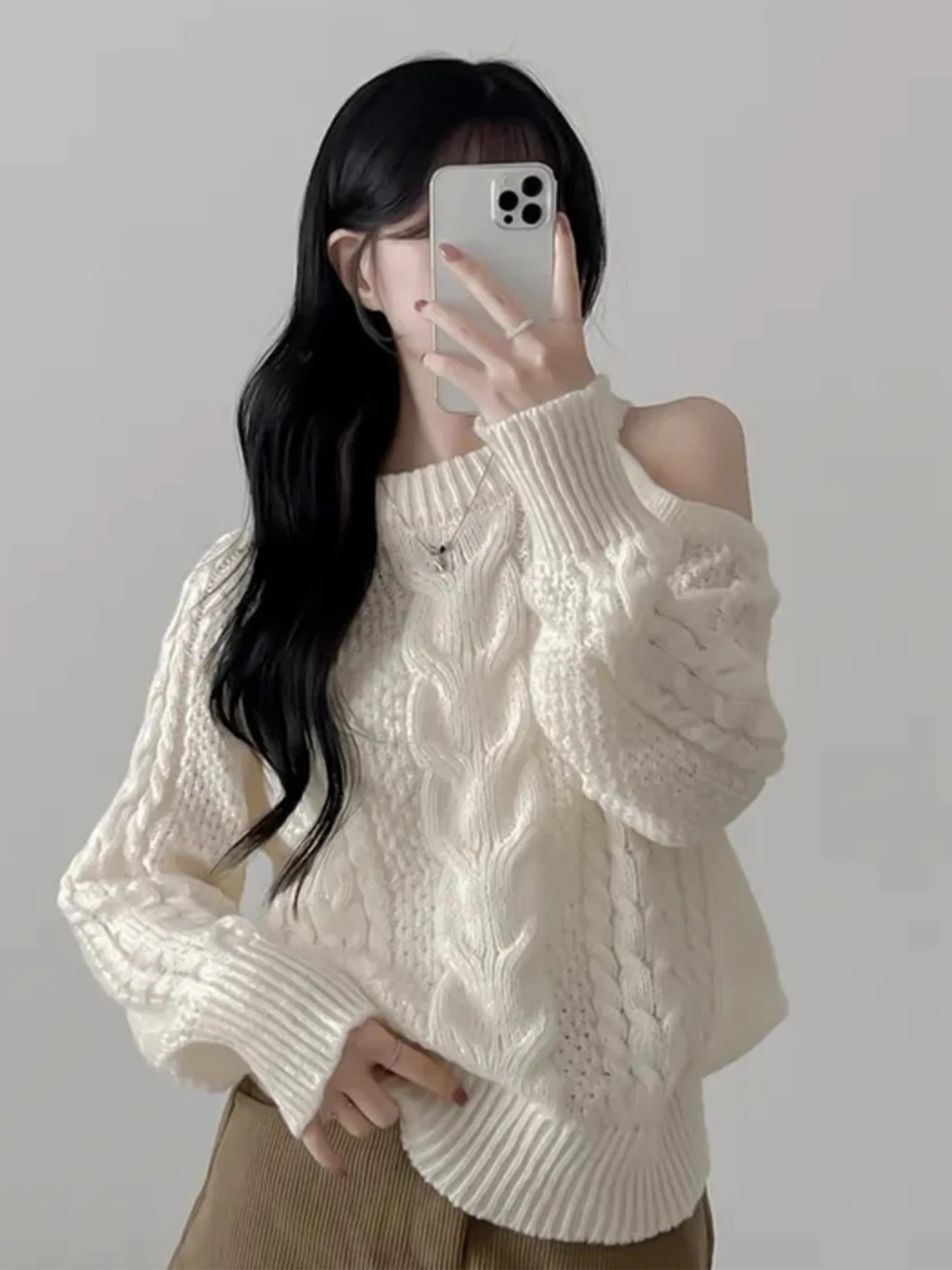 

Women's Vintage Knitted Sweater Hollow out oulder Pure Color Linen Pattern Overhead Soft Autumn Winter Top Faion Design
