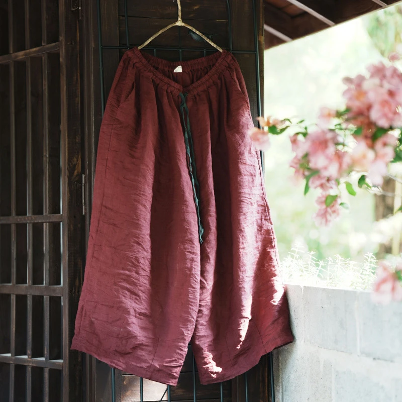 Women Casual Wide Leg Pants New 2026 Autumn Vintage Style Solid Color Loose Comfortable Female Thick Ramie Trousers M2883
