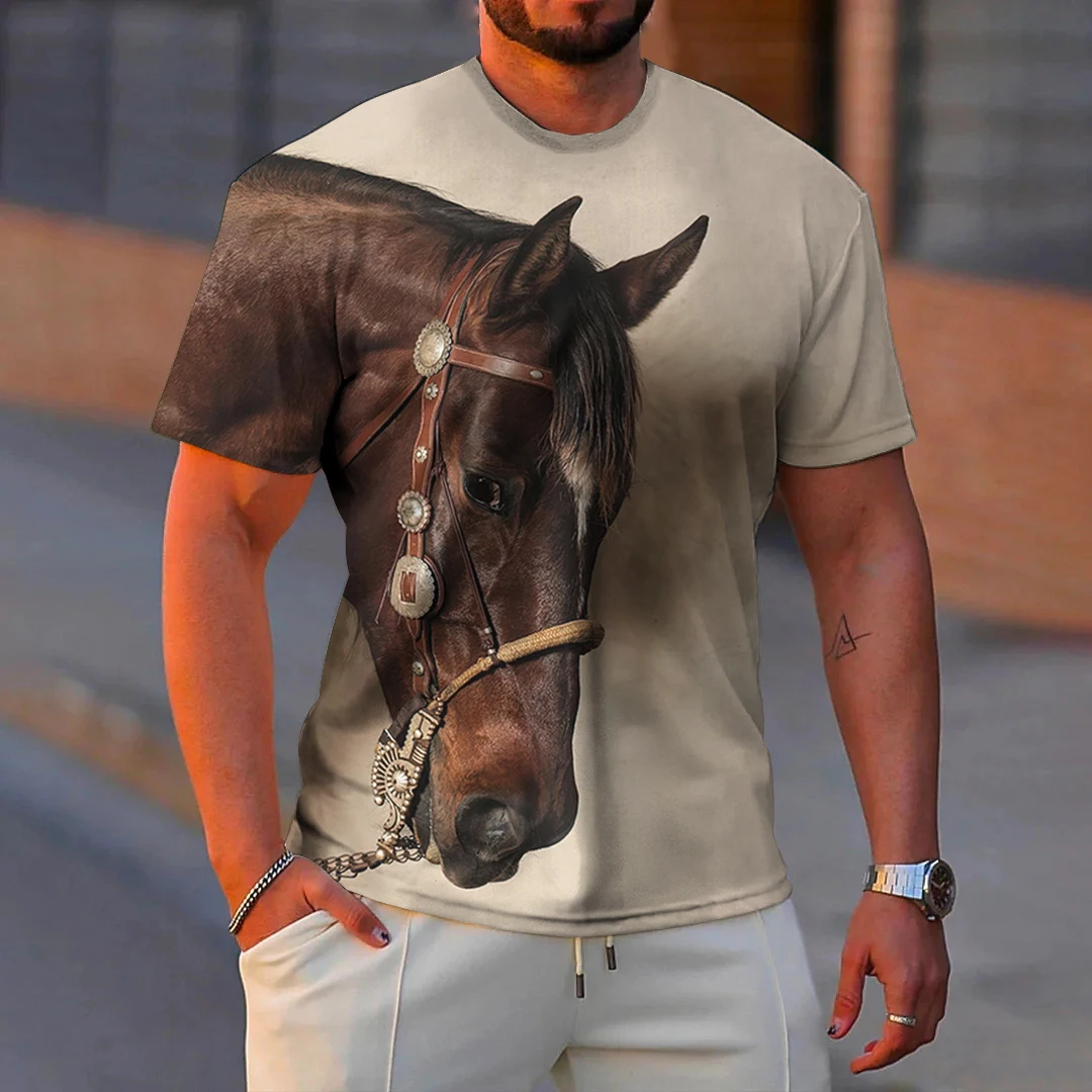 Camiseta de moda para hombre con estampado de caballo 3D, ropa informal de verano de manga corta para hombre, Tops de cuello redondo, camisetas holgadas de gran tamaño para hombre