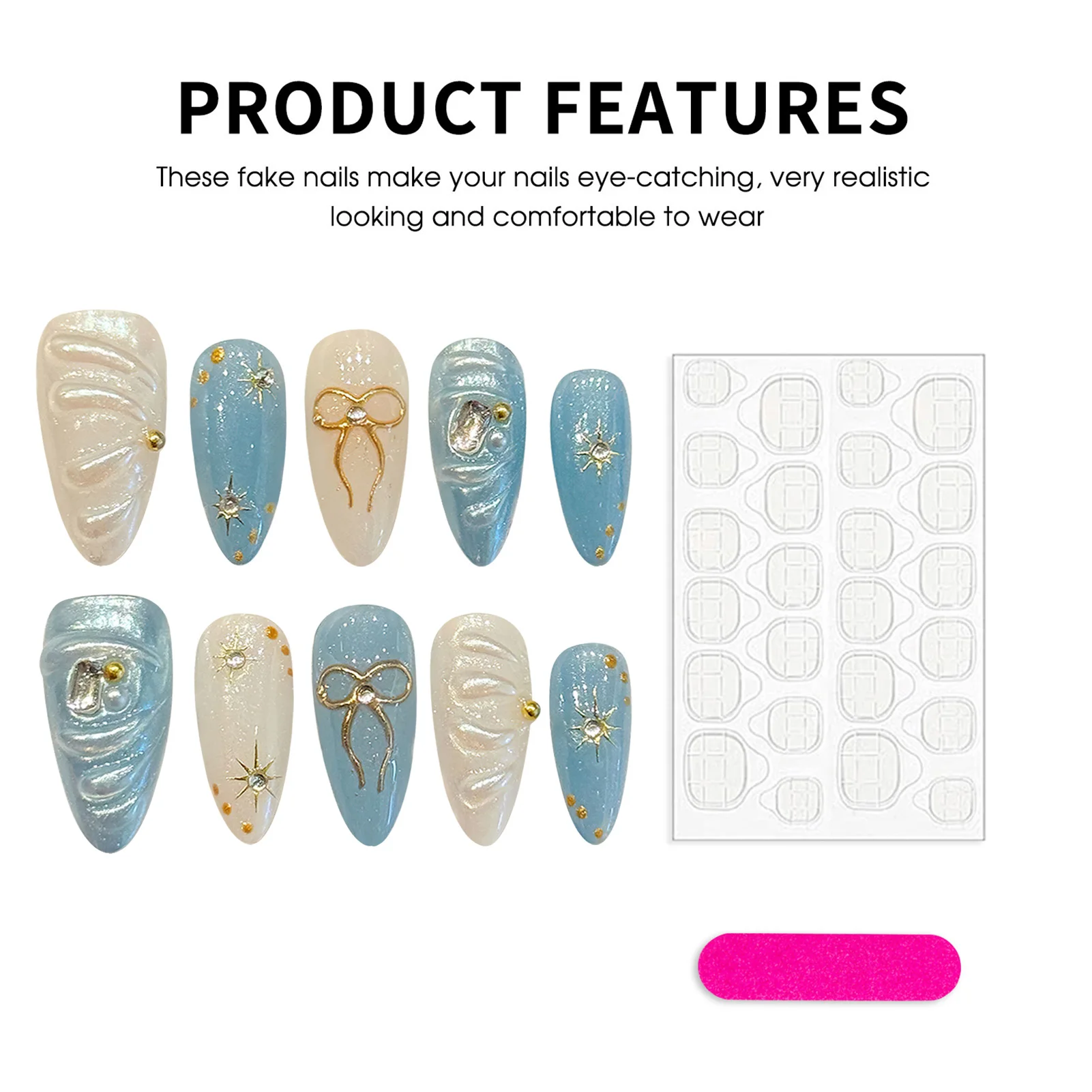 10 قطعة فلاش الأزرق الأبيض اللوز اضغط على الأظافر قليلا الطازجة الذهب Bowknot ستار ديكور اليدوية أظافر صناعية يمكن ارتداؤها لتقوم بها بنفسك الأظافر وهمية