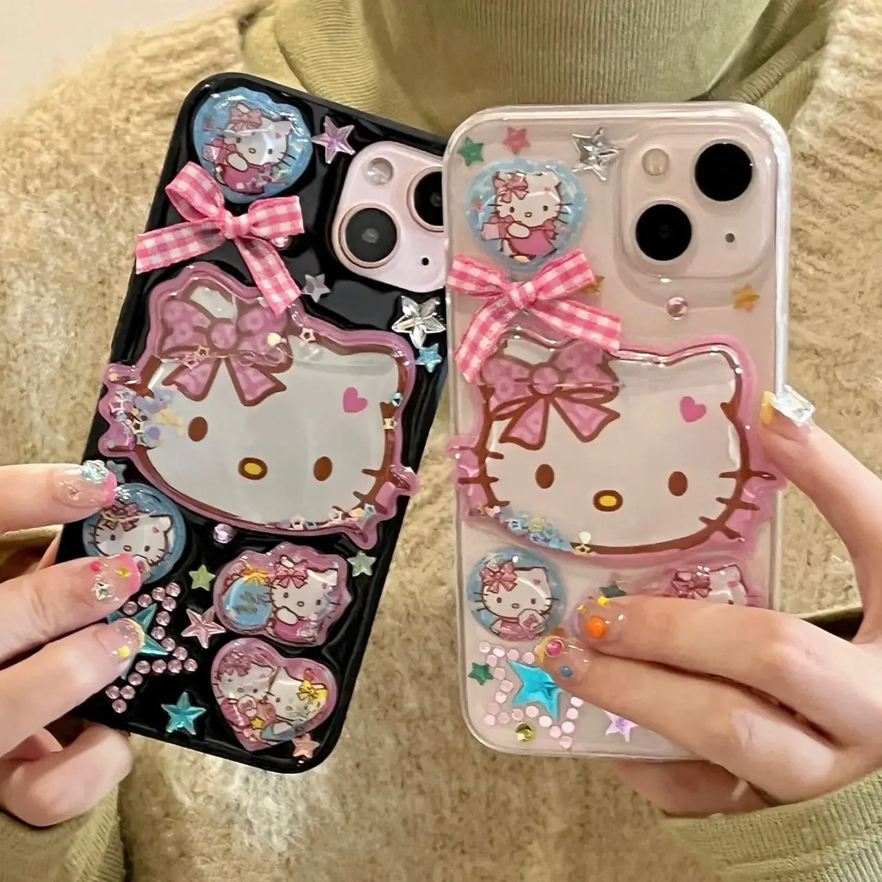 Sanrio Hello Kitty Quicksand IPhone Case Kawaii Star Epoxy Soft All-Inclusive Protection Case for IPhone16 15 14 13 12 Promax