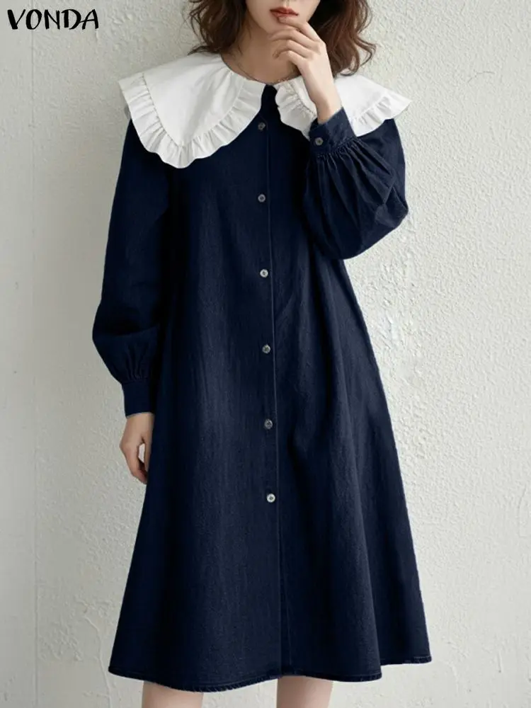 2025 VONDA Fashion Long Shirt Dress Women Autumn Long Sleeve Peter Pan Collar Party Vestidos Spring Casual Elegant Office Robe