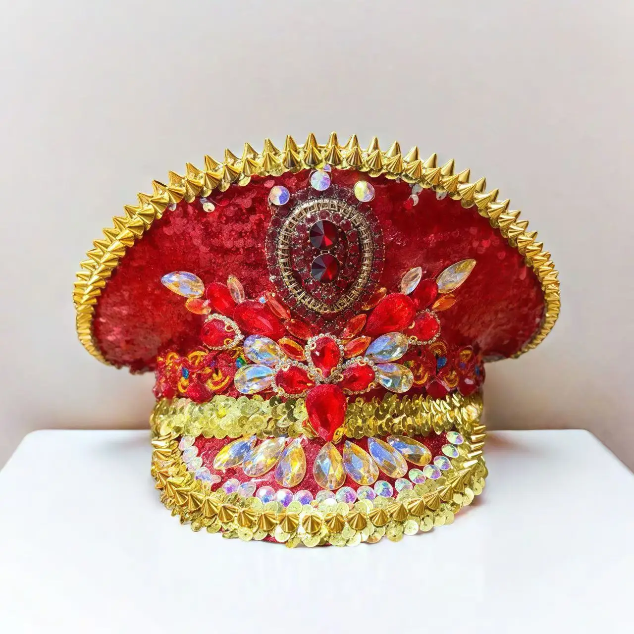 HongLuan Yellow Laser Leather Loop Captain Hat Rhinestone & Military Caps for Woman, Rave Festivals Accessories ＆ Party Cap Man