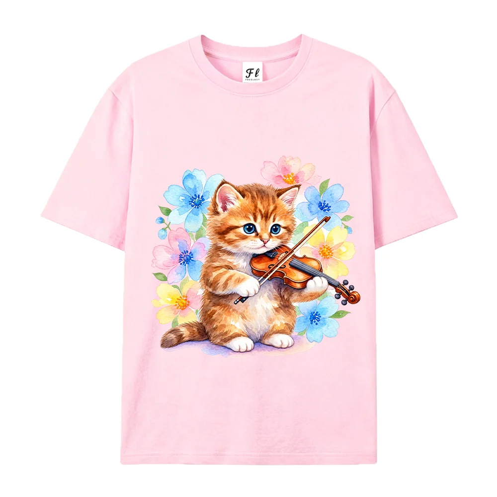 Women T Shirt Watercolor Kitten Playing Violin Floral Cat Graphic Kawaii Aesthetic White Short Sleeve Loose Cotton Tops
