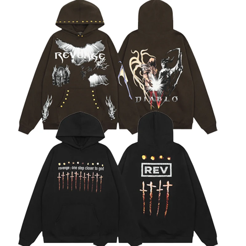 

High Street New Revenge Hooded Sweatshirt Creative Rivets Pockets Designed Men Women Retro Loose Warm REVENGE Pullovers