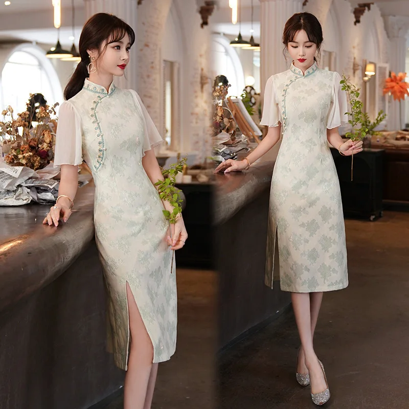 

Yourqipao Inverted Big-sleeved Green Cheongsam 2023 New Elegant Young Girls Improved Fresh Vintage Summer Chinese Qipao Dress