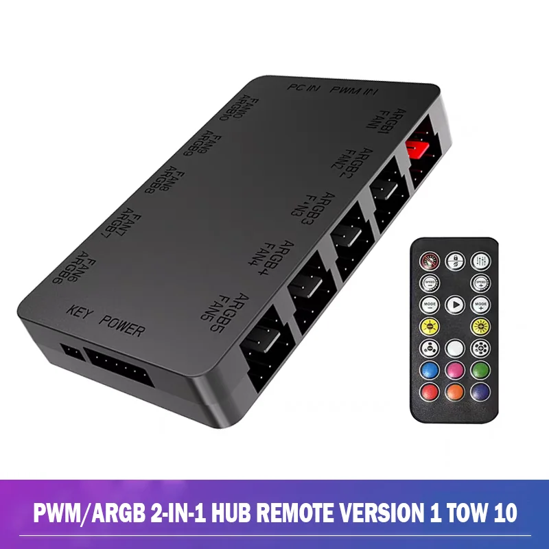 

2-in-1 ARGB/PWM Hub 5V 3PIN 10-Port Fan Adapter with Wireless Controller for Computer Hardware controladora argb