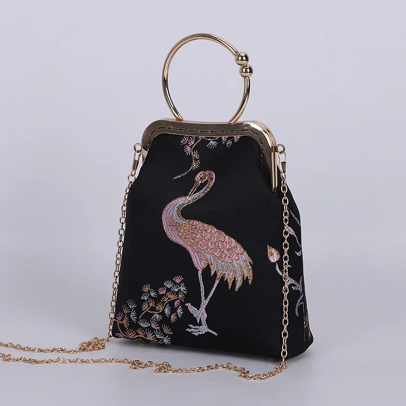 Pink Embroidery Bird Shell Lock Bags Vintage Circular Hand Metal Bag Chain Women Shoulder Crossbody Bag Women\'s Handbags