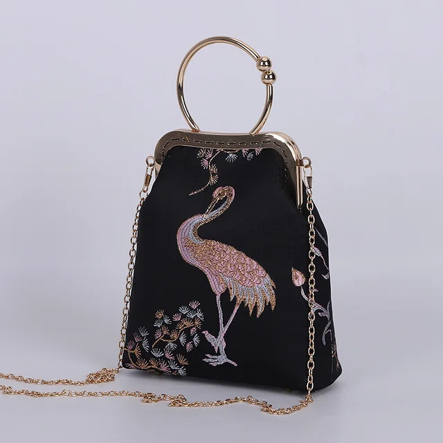 Różowy haft ptak muszla torby na zamek Vintage okrągłe ręcznie metalowy łańcuch na torebkę damskie torba na ramię Crossbody torebki damskie