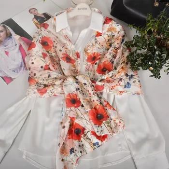 BYSIFA| Ultra velký jarní podzimní šátek z 100% hedvábí morušový, plážový šátek, značkový dámský dlouhý šátek, nový červený květinový hedvábný šátek 8 nejlepší prodej hedvábná deka Tianhou - №8