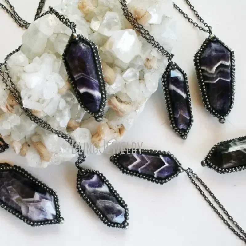 10pcs Chevron Amethyst Arcane Collar Necklace Purple Crystal Talisman Wicca Witch Gothic Women Goth Stainless Steel Y2k Jewelry