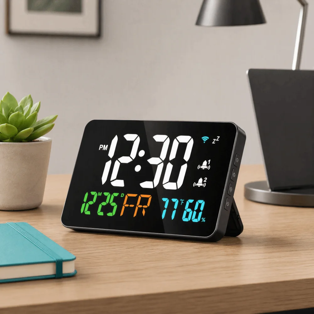 Automatic Time Sync Digital Alarm Clock Dual Alarm Snooze Function Temperature Humidity Monitor Wall Mountable