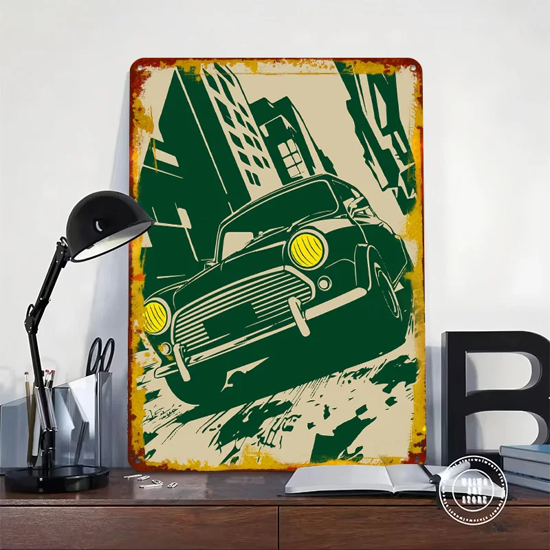 Retro UK Car Cooper in a City Poster Customized Vintage Metal Signs Wall Art Retro Tin Plaque for Luxury Decoration Gaming House