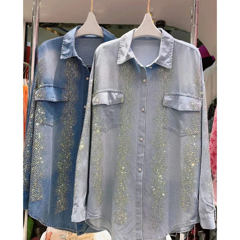 Hot Drilling Single-Breasted Denim Coat Women 2024 Spring Autumn Fashion Casual Mid-Length Cardigan Long Sleeve Shirts Female