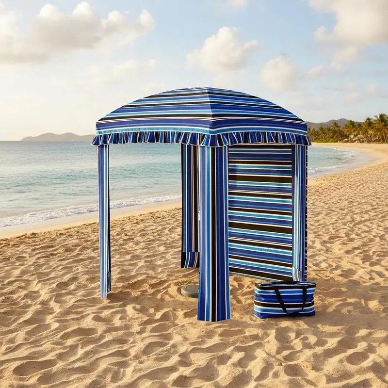 

[Free Shipping] 5.8' x 5.8' Cabana Umbrella with Walls, Vents, Ruffles, Carry Bag, Beach Umbrella, Blue Stripe