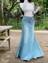 Elegant Women's Streetwear Skirts Woman Fashion Y2k Clothes Kawaii Blue Skirt Vintage Harajuku Korean Clothing Long Maxi Denim