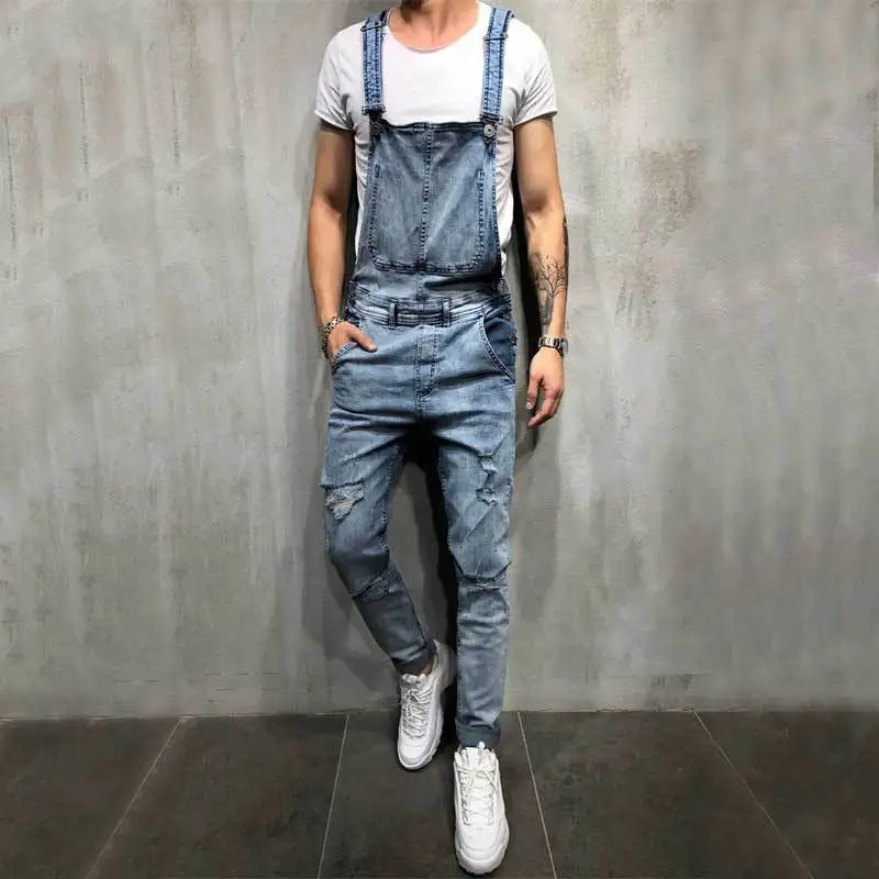 2025 Men's New Denim Bib Overalls Ripped Casual Denim Suspenders