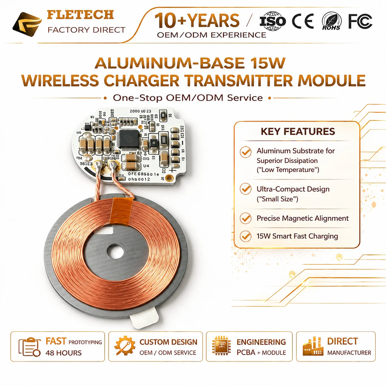 15W Magnetic Wireless Charger Transmitter Module Low Temperature Aluminum PCBA Qi2 Fast Charging Coil PCBA for Phone MagSafe DIY
