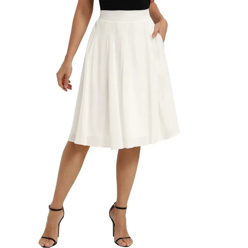2026 Spring/Summer New Women's A-skirt High Waist Elastic Cross Border Solid Color Pocket European American Commuter Thin Skirt
