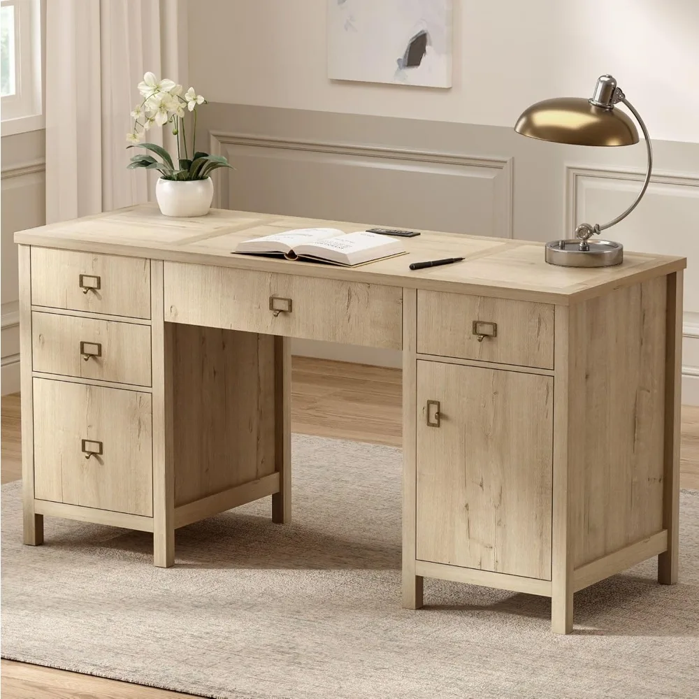 

Modern Executive Desk with File Drawers Cabinet, 59" Computer Desk with Charging Station, Office Workstation w/ Keyboard Tray